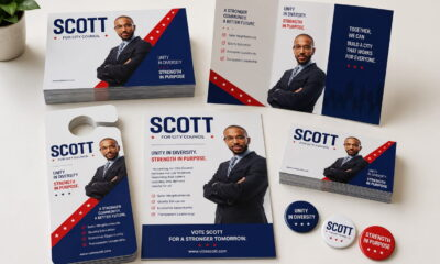 Coordinated campaign materials including postcards, door hangers, buttons, and handouts